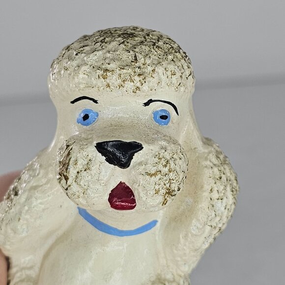 Vintage Chalkware Poodle Figurine White Blue Collar Hand Painted - Picture 6 of 8